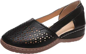 Womens Wedge Sandals Orthopedic Sandals for Women Boho Vintage Leather Hollow Out Low Heels, Summer Platform Slip On Loafers Beach Comfort Walking Shoes